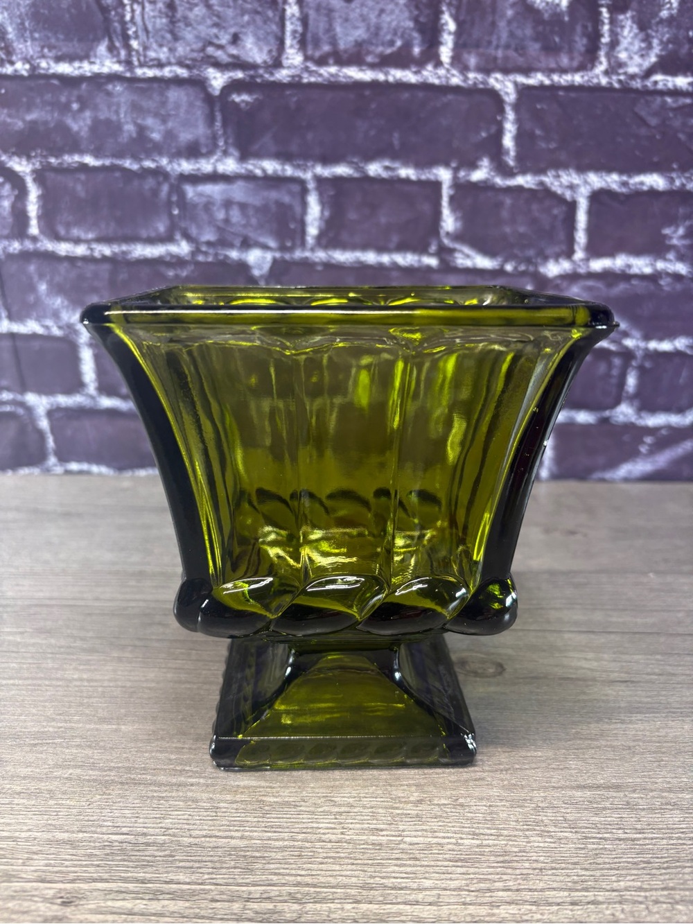 Vintage Avocado Green Square Glass Pedestal Vase